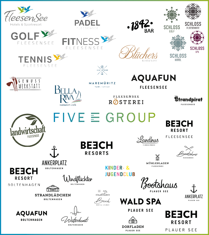 Übersichtsgrafik mit Marken und Unternehmensbereichen der Five E Group.